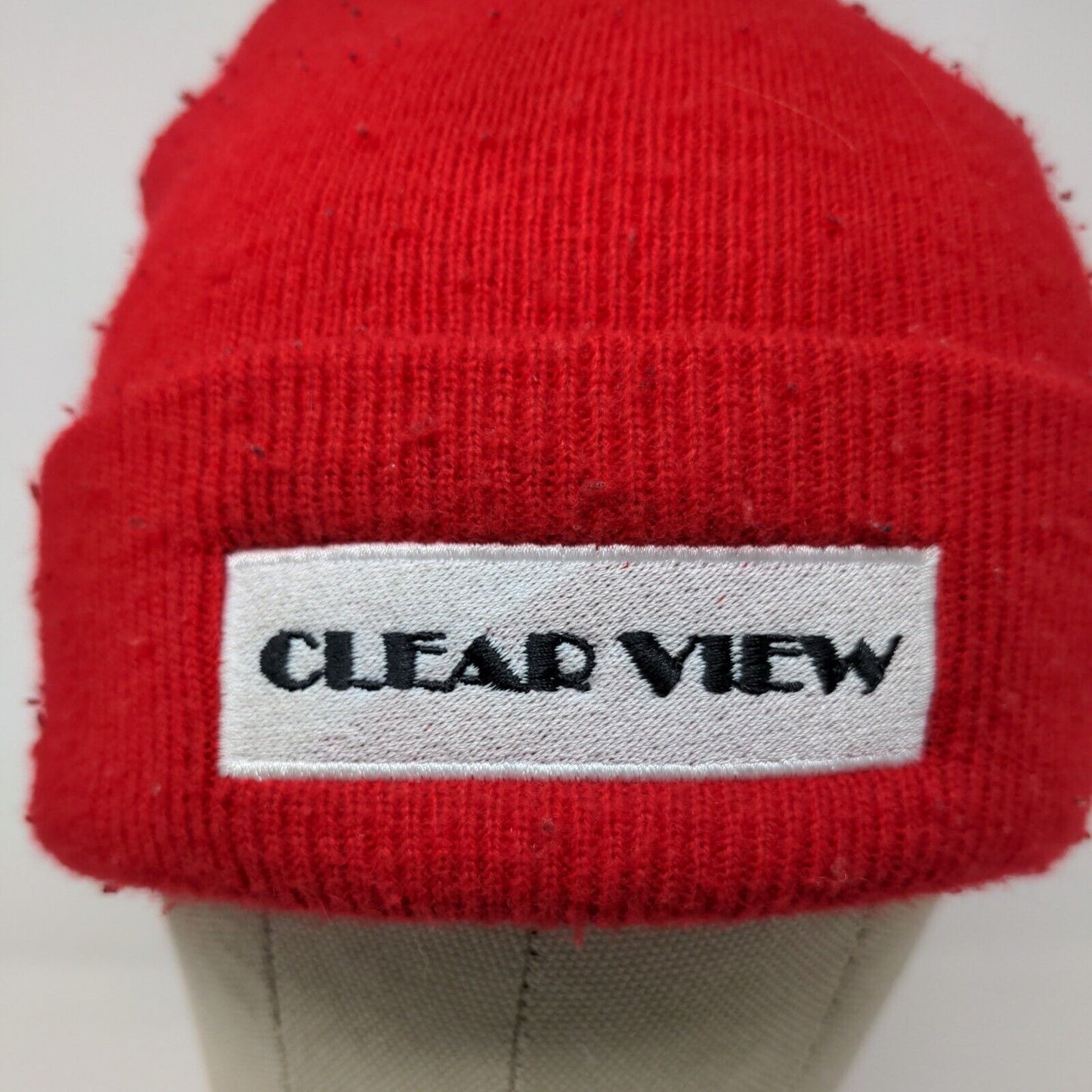 Clear View Red Winter Beanie Hat Cap Embroidered One Size Logo Spell Out
