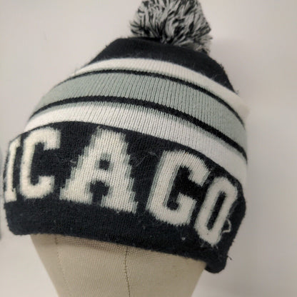 Chicago Spell Out Winter Knit Hat Pom Pom Cap Black and White