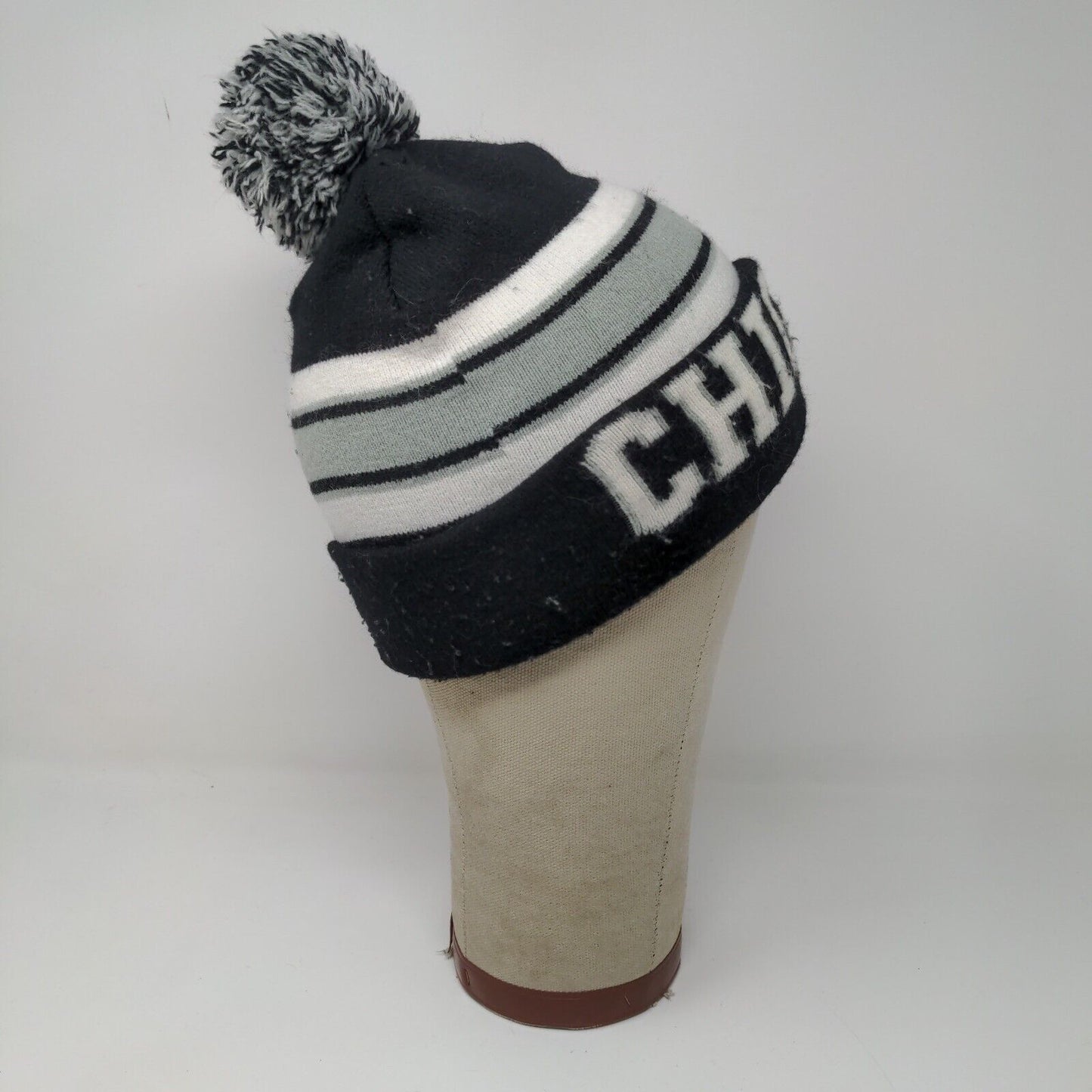 Chicago Spell Out Winter Knit Hat Pom Pom Cap Black and White