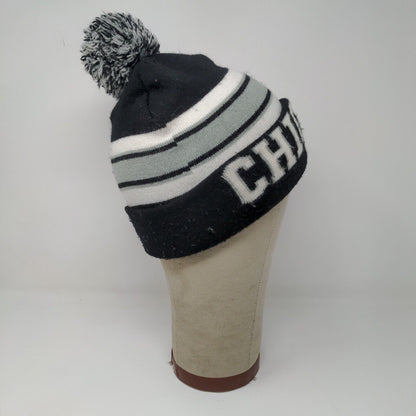 Chicago Spell Out Winter Knit Hat Pom Pom Cap Black and White
