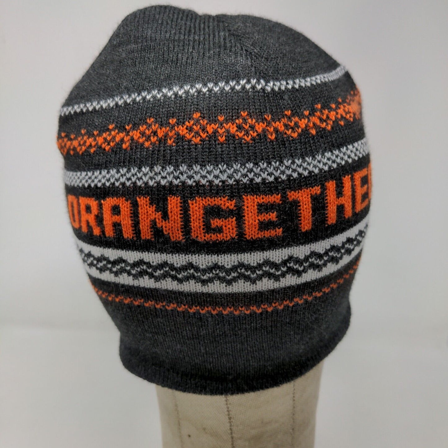 Orange Theory Men's Knit Beanie Hat Gray Fair Isle Striped Acrylic