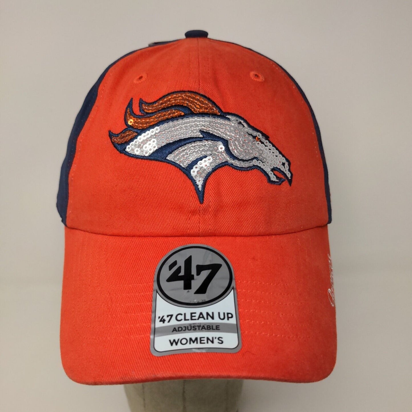 '47 Brand Womens NFL Denver Broncos Slideback Hat Orange Blue Sequin Bling