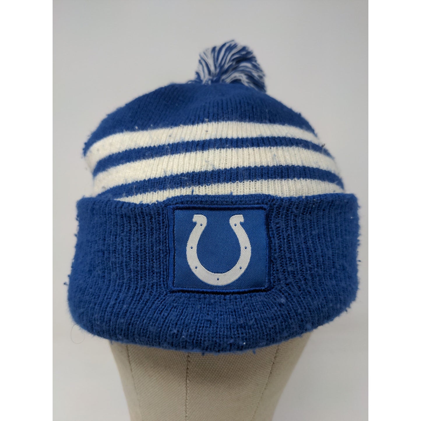 NFL Football Indianapolis Colts Beanie Hat Blue White Striped Pom Pom Patch Logo