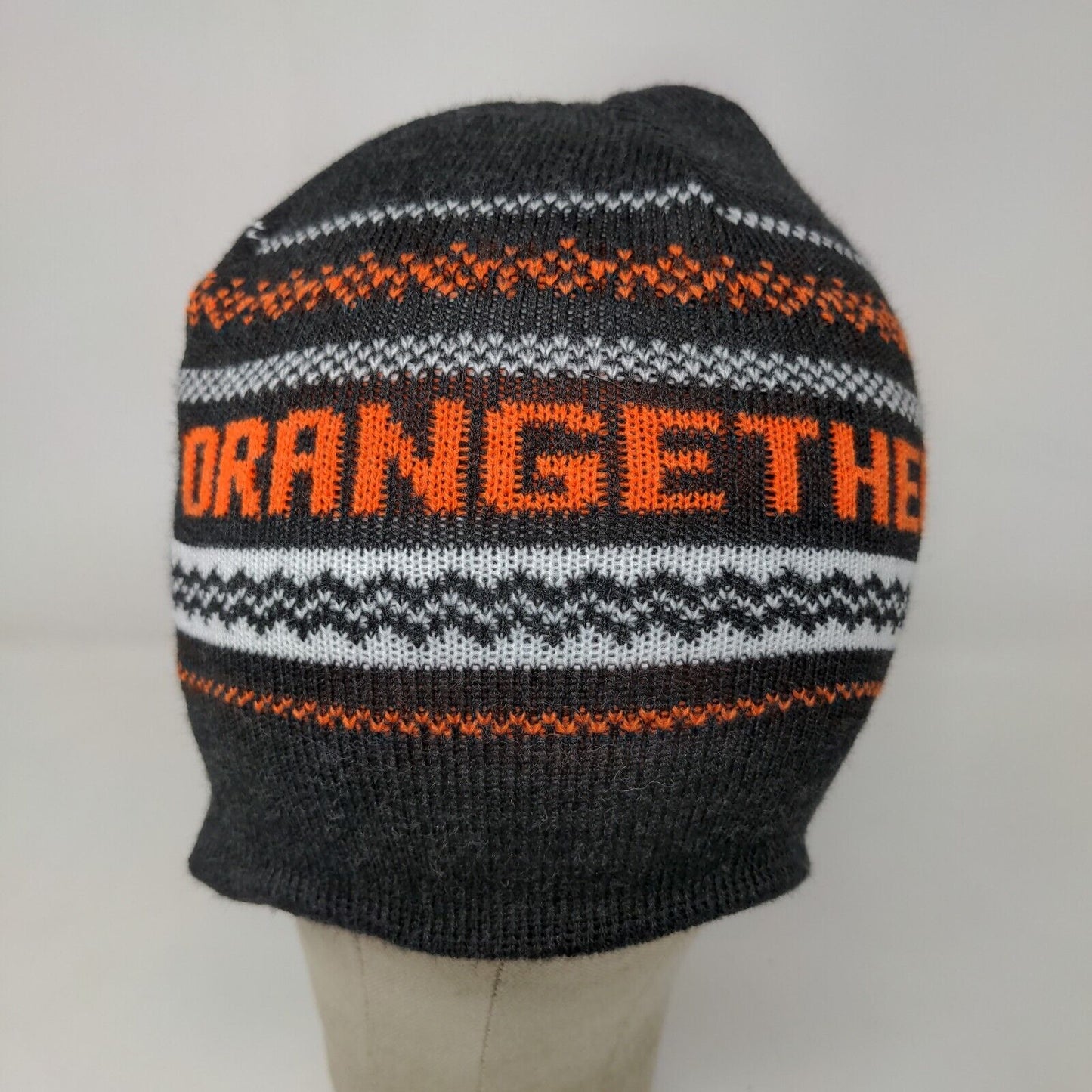 Orange Theory Men's Knit Beanie Hat Gray Fair Isle Striped Acrylic