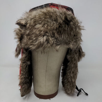 Unbranded Men's Trapper Hat Red Plaid Quilted Lined Vegan Fur Ear Flaps
