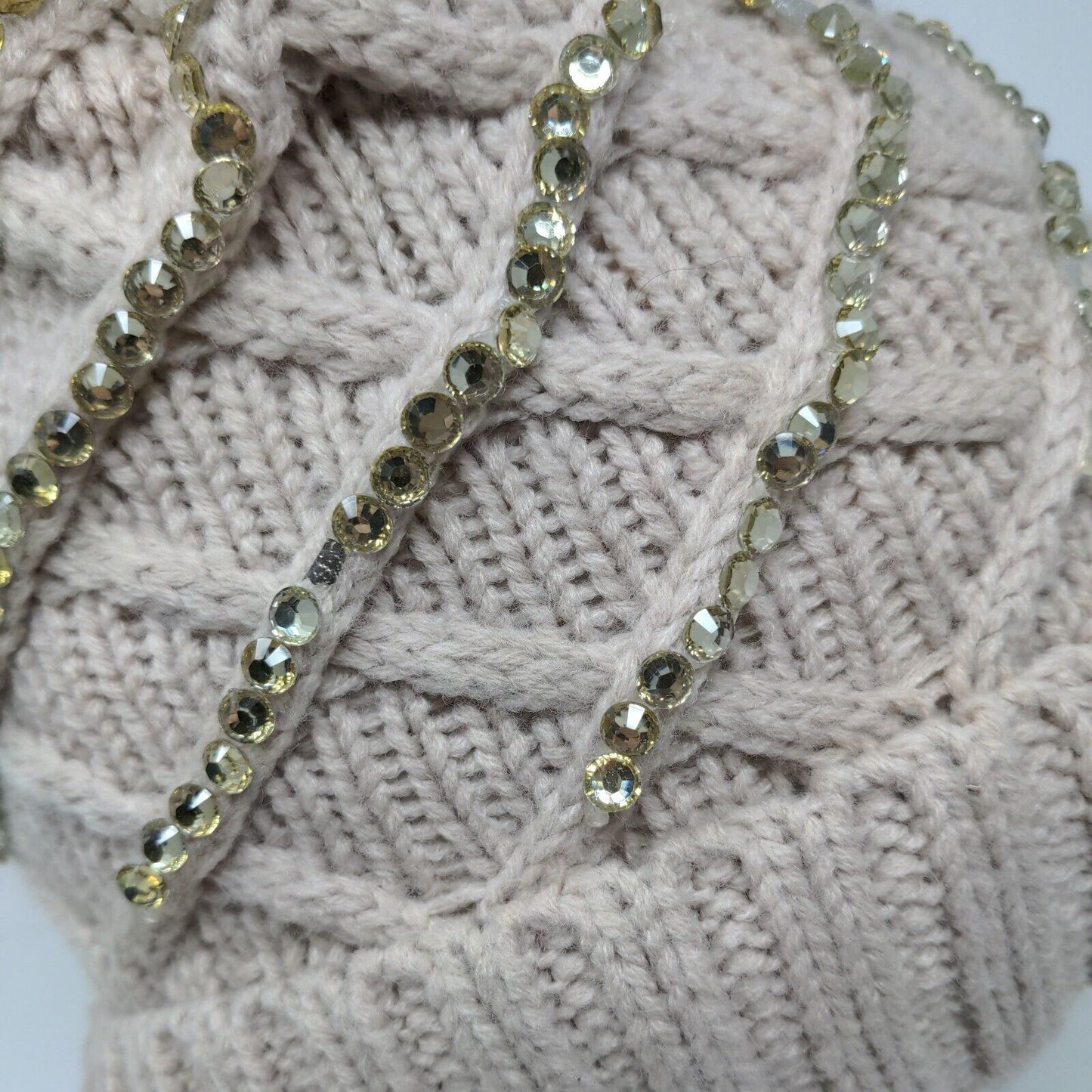 Knit Winter Crystal Bling Studded Pom Pom Cable Knit Beanie Faux Fur Lining Hat