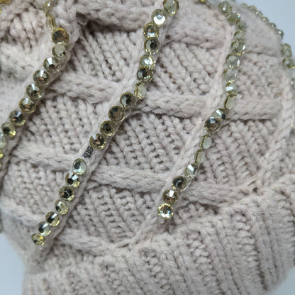 Knit Winter Crystal Bling Studded Pom Pom Cable Knit Beanie Faux Fur Lining Hat