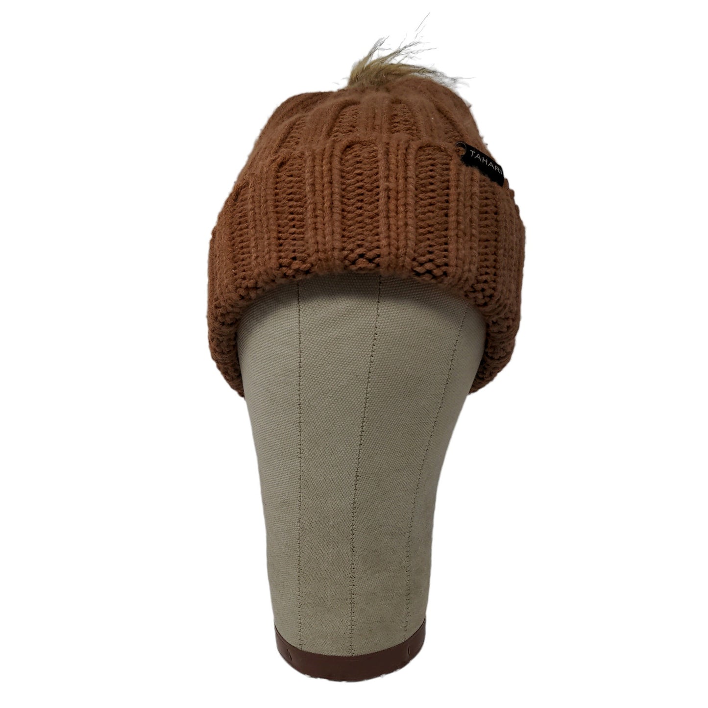 Tahari Knit Beanie Hat Pom Pom Patch Logo Brown Warm One Size