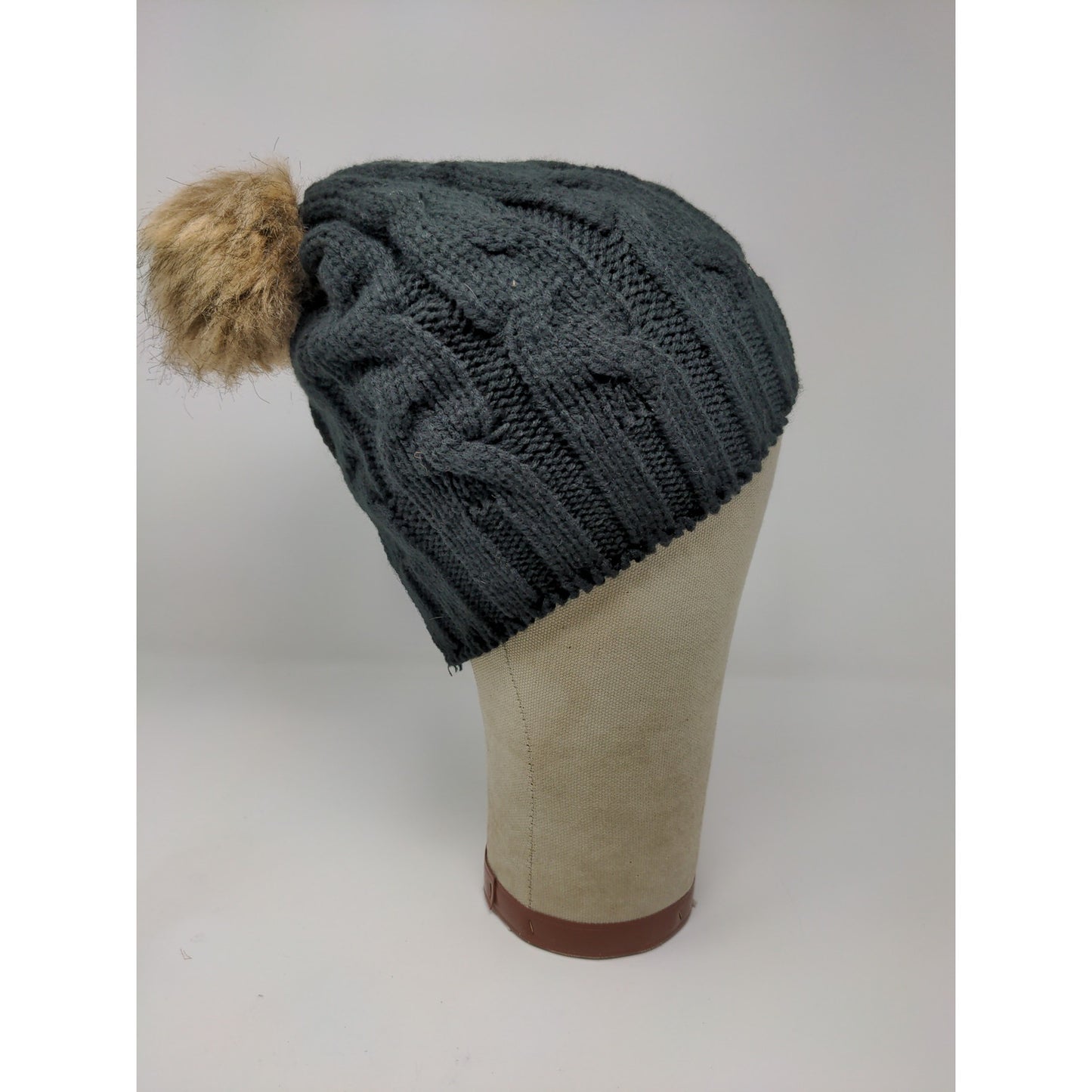 Hit Wear Herff Jones Cable Knit Beanie Hat Faux Fur Pom Pom Black