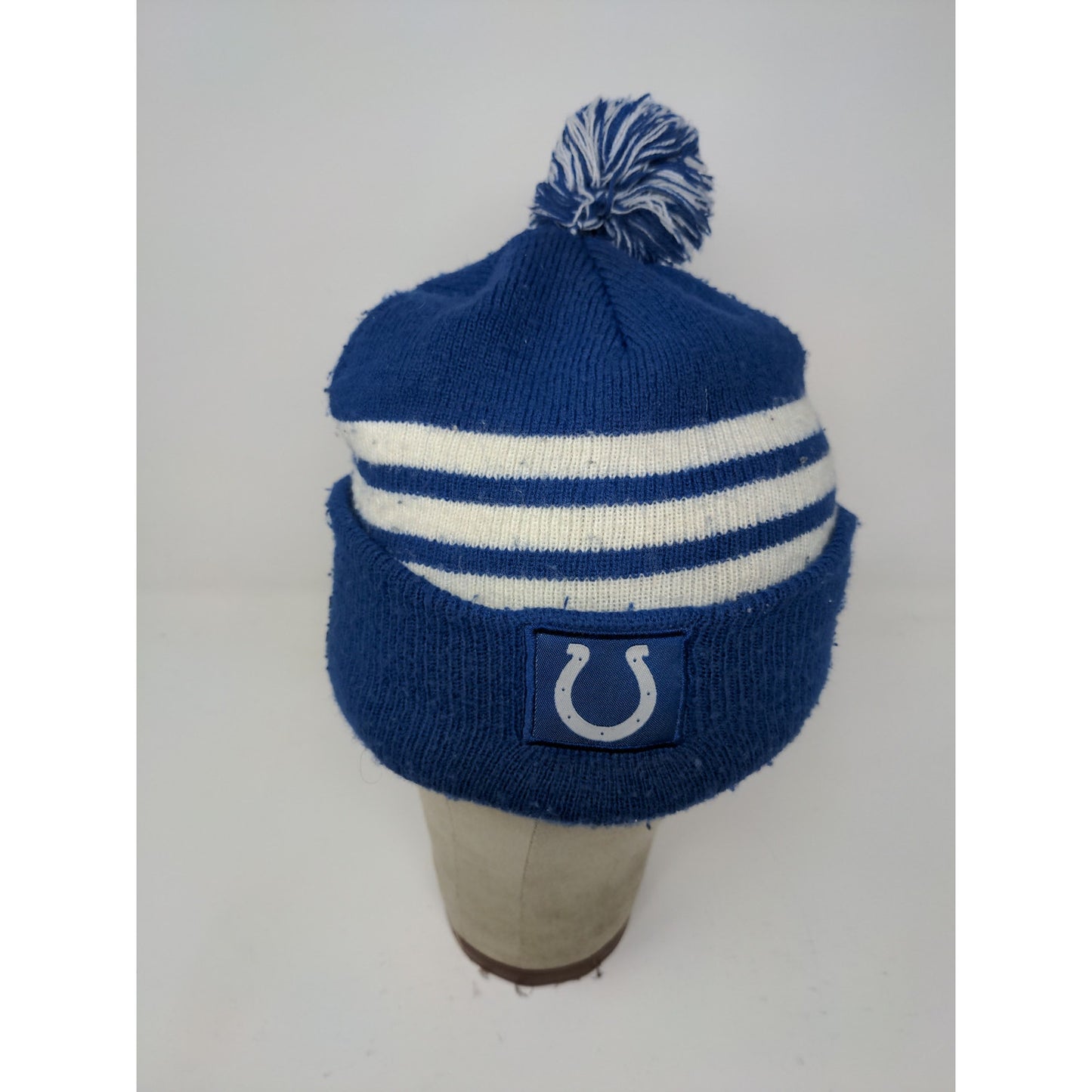 NFL Football Indianapolis Colts Beanie Hat Blue White Striped Pom Pom Patch Logo