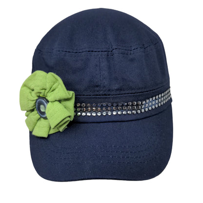 Unbranded Women's Cadet Cap Blue Flower Accent Rhinestones Shiny 100% Cotton