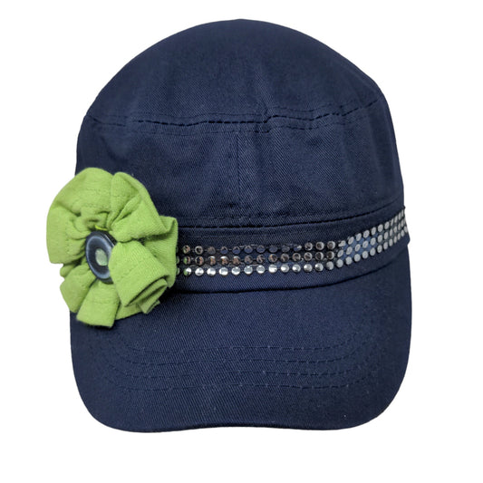 Unbranded Women's Cadet Cap Blue Flower Accent Rhinestones Shiny 100% Cotton