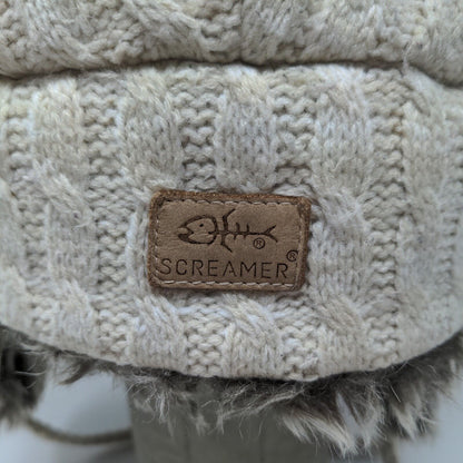 Screamer Women's Knit Trapper Hat Cream Vegan Fur Trim Ear Flaps