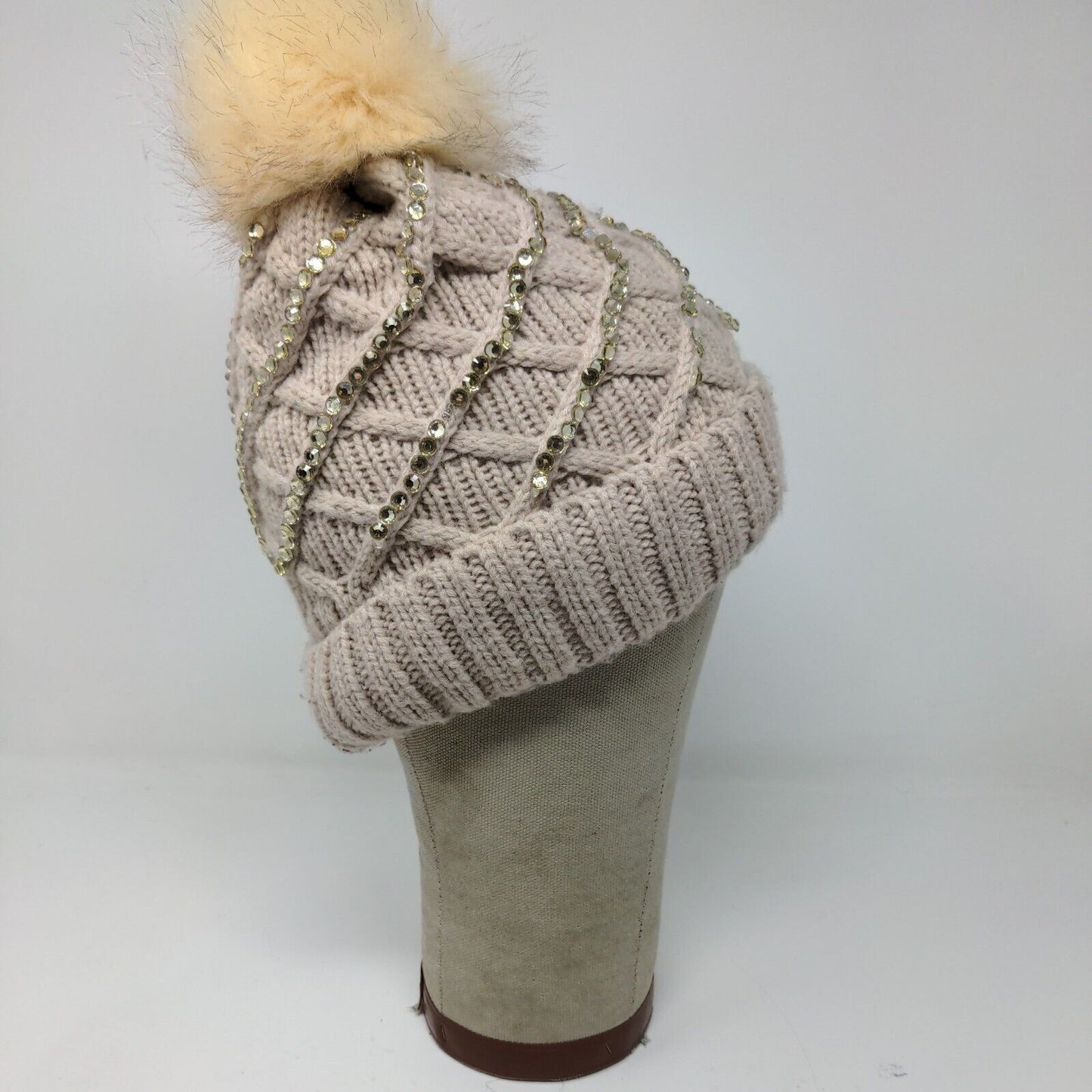 Knit Winter Crystal Bling Studded Pom Pom Cable Knit Beanie Faux Fur Lining Hat
