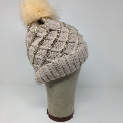 Knit Winter Crystal Bling Studded Pom Pom Cable Knit Beanie Faux Fur Lining Hat