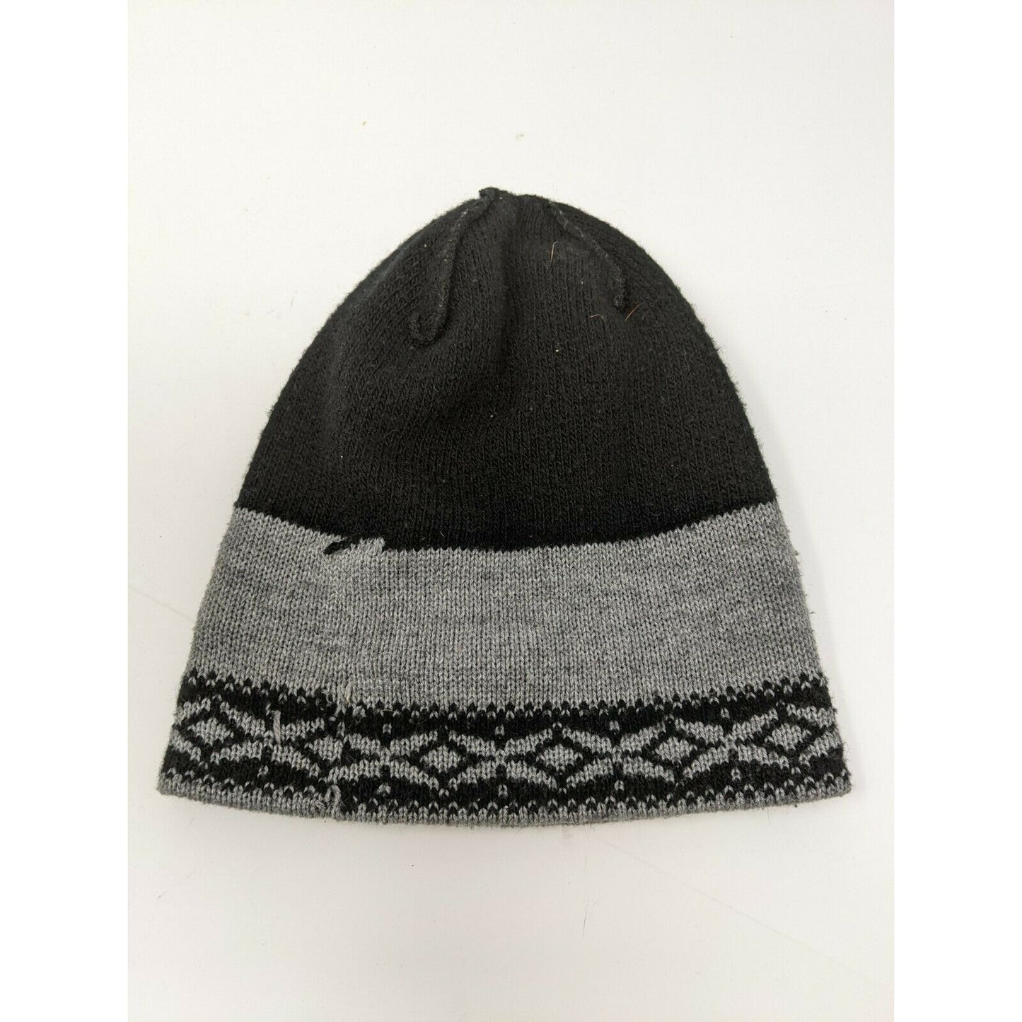 Bugle Boy Beanie Cap Hat Diamond Spell Out Black & Gray Fair Isle Pattern