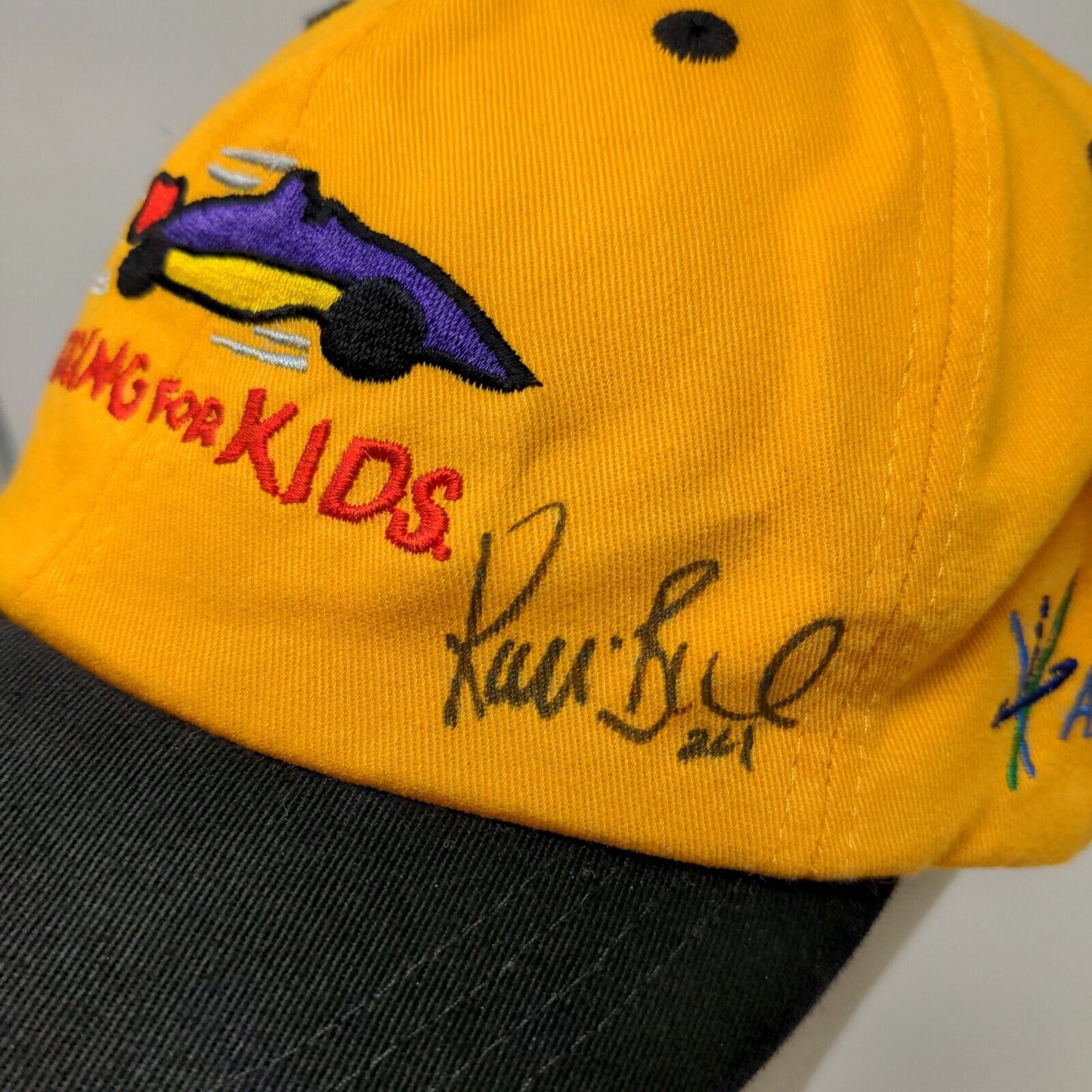 Racing for Kids Men's Strapback Hat Yellow Autographed Embroidered Logo