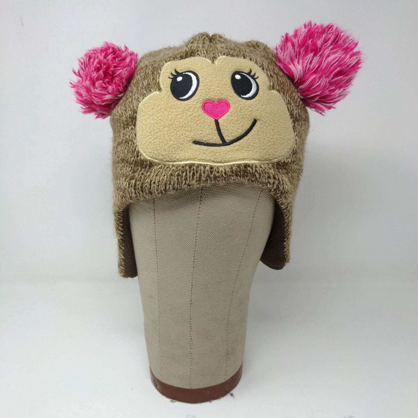 Knitted animal hat with ear flaps. Brown with pink Pom Poms.