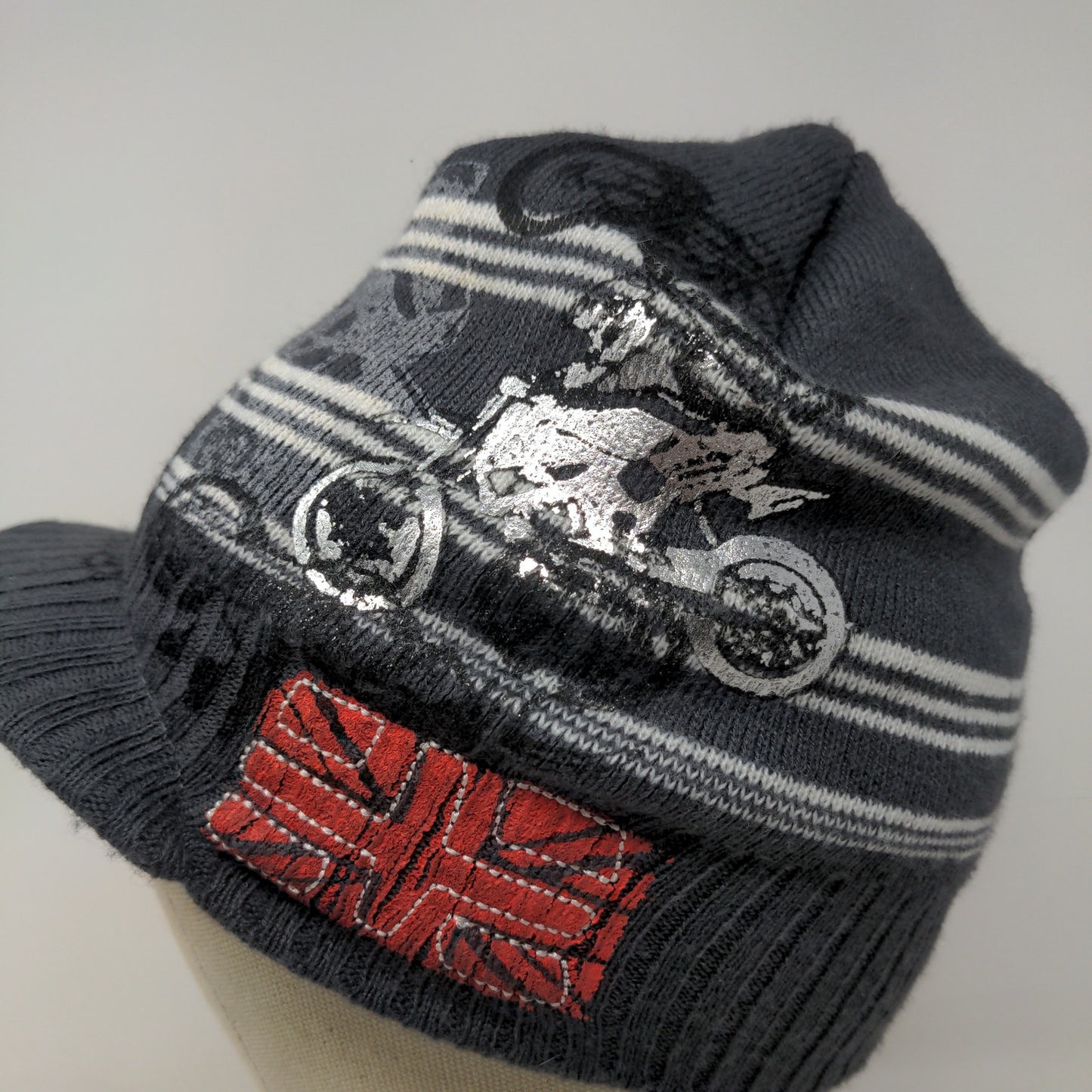 Youth Boys Beanie Hat With Bill Motorcycle Union Jack Embroidered Black SZ 4-16