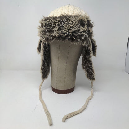 Screamer Women's Knit Trapper Hat Cream Vegan Fur Trim Ear Flaps