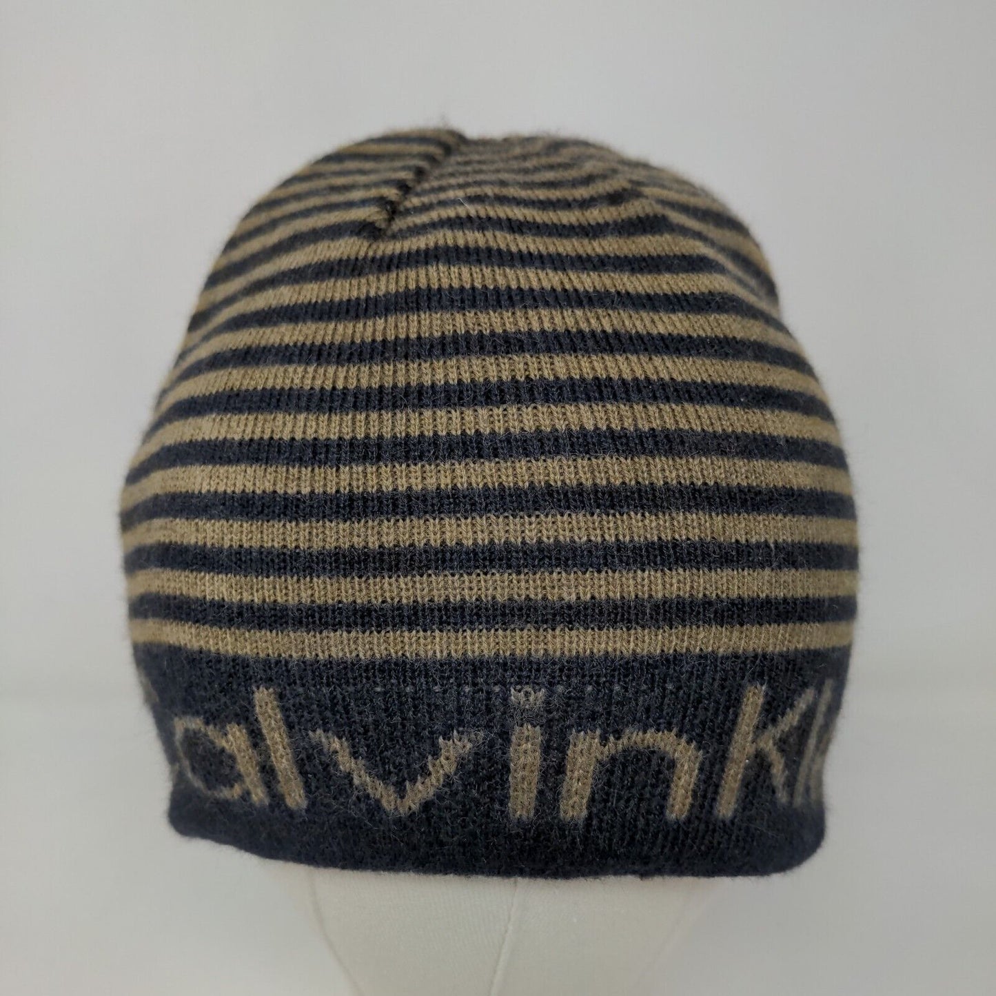 Calvin Klein Men's Beanie Hat Black 100% Acrylic Striped Spell Out