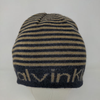 Calvin Klein Men's Beanie Hat Black 100% Acrylic Striped Spell Out
