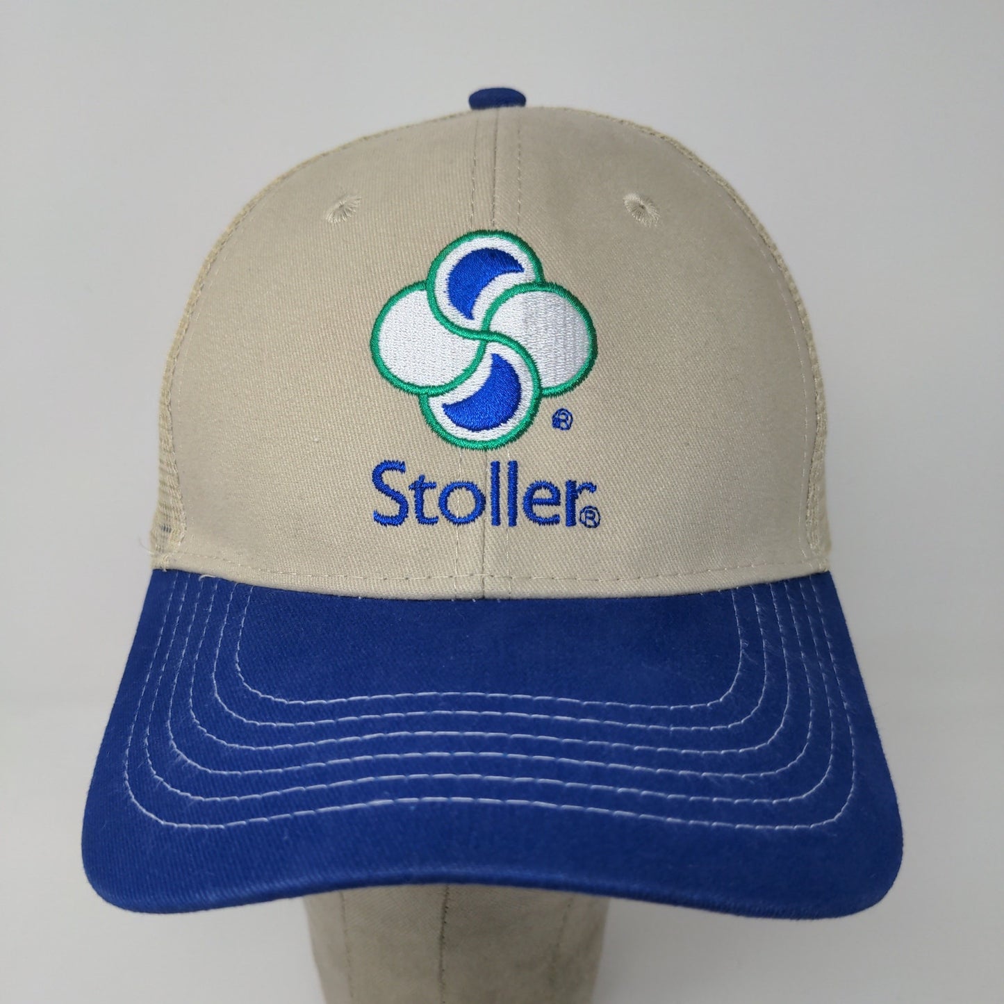 Stoller USA Strapback Mesh Back Hat Embroidered Logo Blue Tan