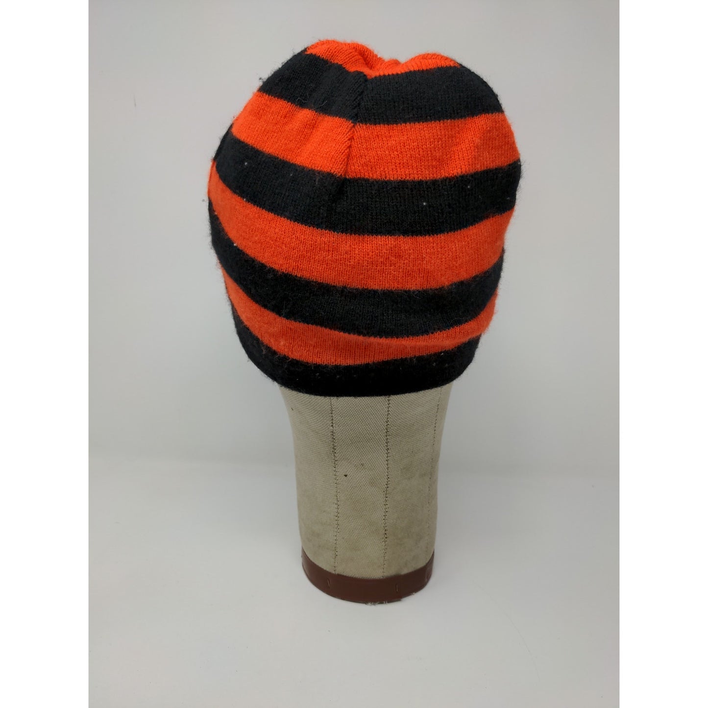 The House Striped Beanie Hat Orange & Black Spell Out Logo Knit