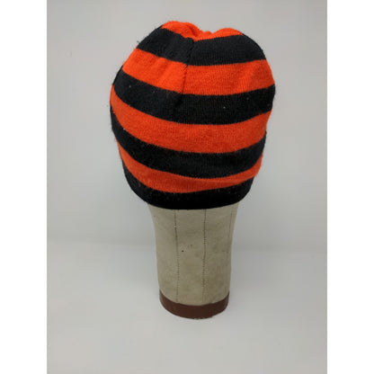 The House Striped Beanie Hat Orange & Black Spell Out Logo Knit