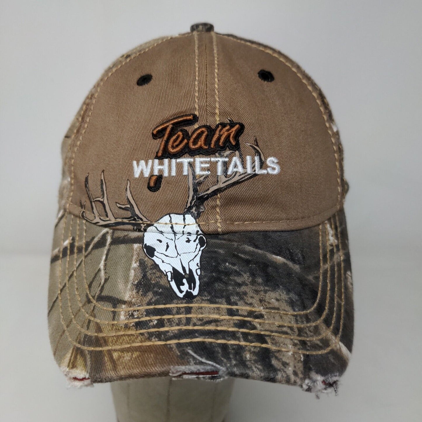 Whitetails Unlimited Men's Brown Camo OSFA Strapback Hat Graphic Skull Logo