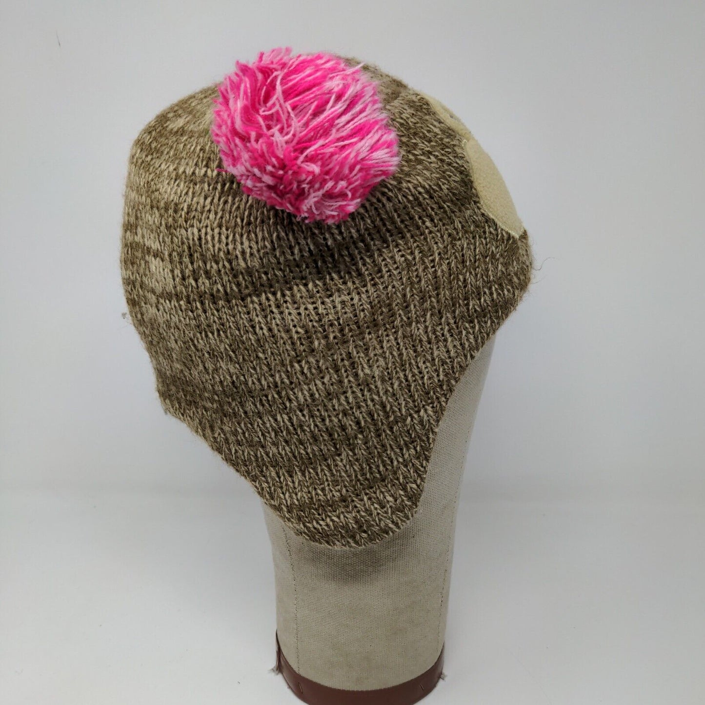 Knitted animal hat with ear flaps. Brown with pink Pom Poms.