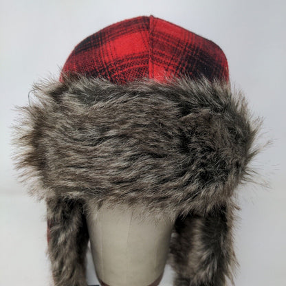 Goodfellow & Co Men's Trapper Hat Red Plaid One Size Vegan Fur Trim Ear Flaps