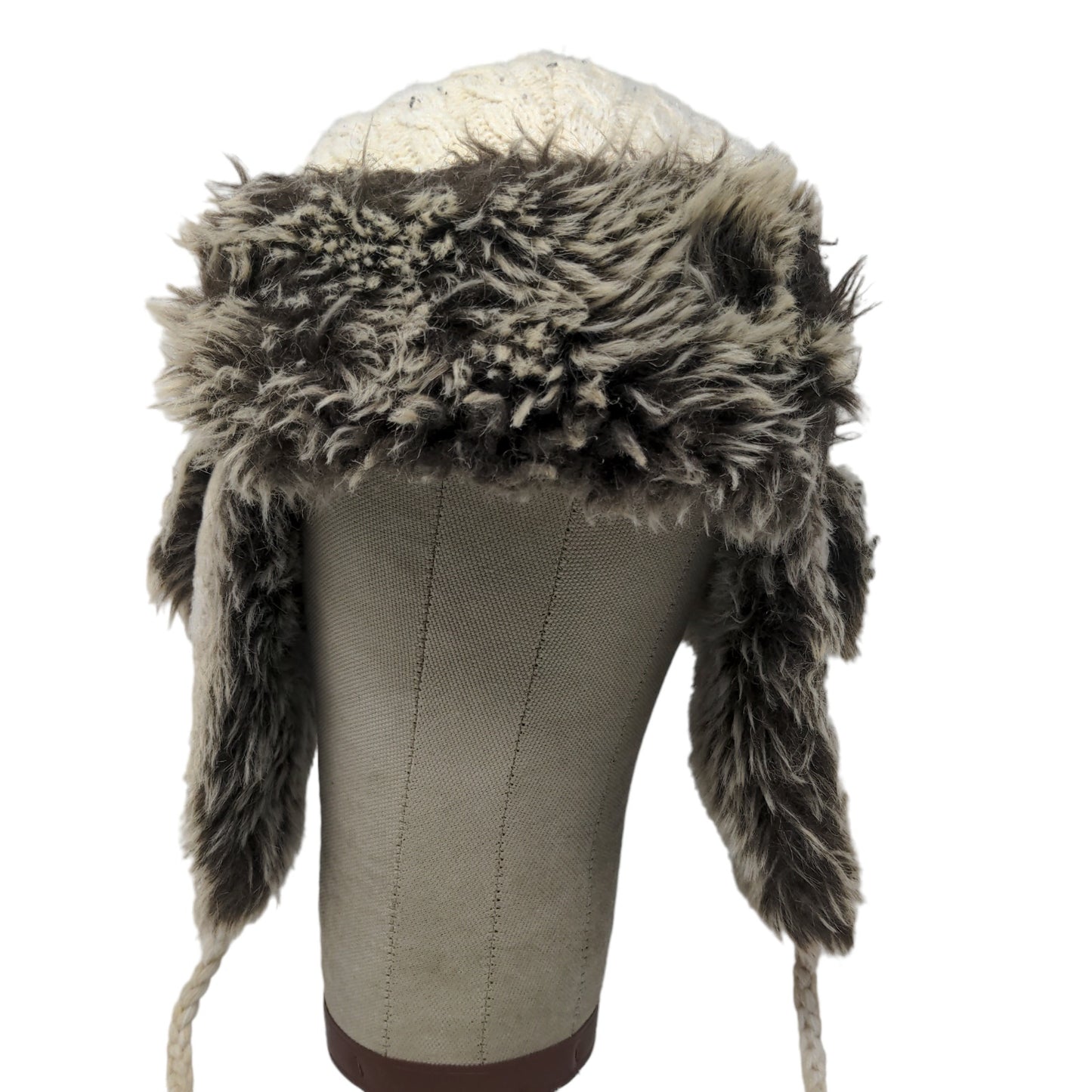 Screamer Women's Knit Trapper Hat Cream Vegan Fur Trim Ear Flaps