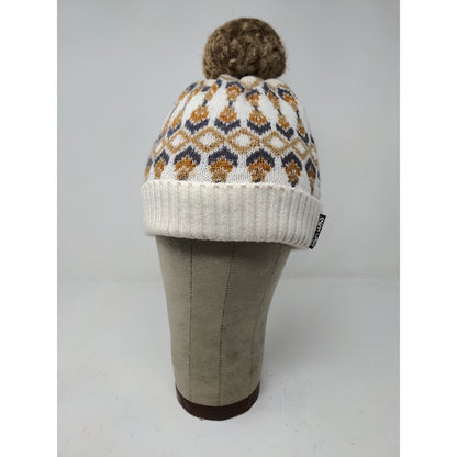 Muk Luks Beanie Winter Hat Pom Pom White Brown Acrylic Wool Blend
