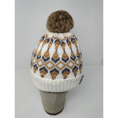 Muk Luks Beanie Winter Hat Pom Pom White Brown Acrylic Wool Blend