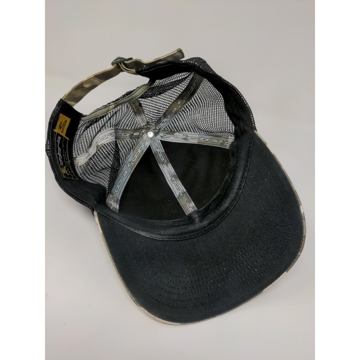 Cobra Slideback Meshback Camo Hat Gray Brown Embroidered Logo Spell Out