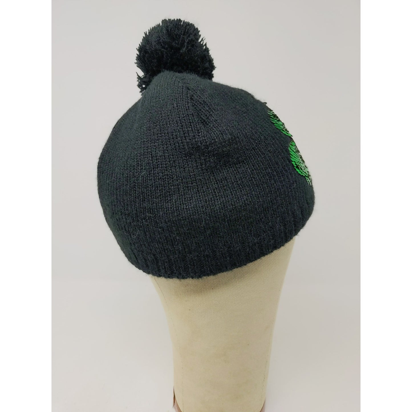 Made With Love Ireland Beanie Hat Green Shiny Pom Pom Black Knit Acrylic