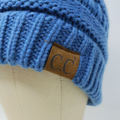 C.C. Exclusives Cable Knit Beanie Hat Blue Patch Logo 100% Acrylic