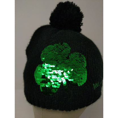 Made With Love Ireland Beanie Hat Green Shiny Pom Pom Black Knit Acrylic