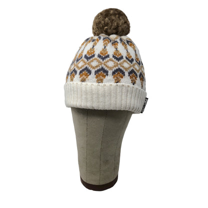 Muk Luks Beanie Winter Hat Pom Pom White Brown Acrylic Wool Blend