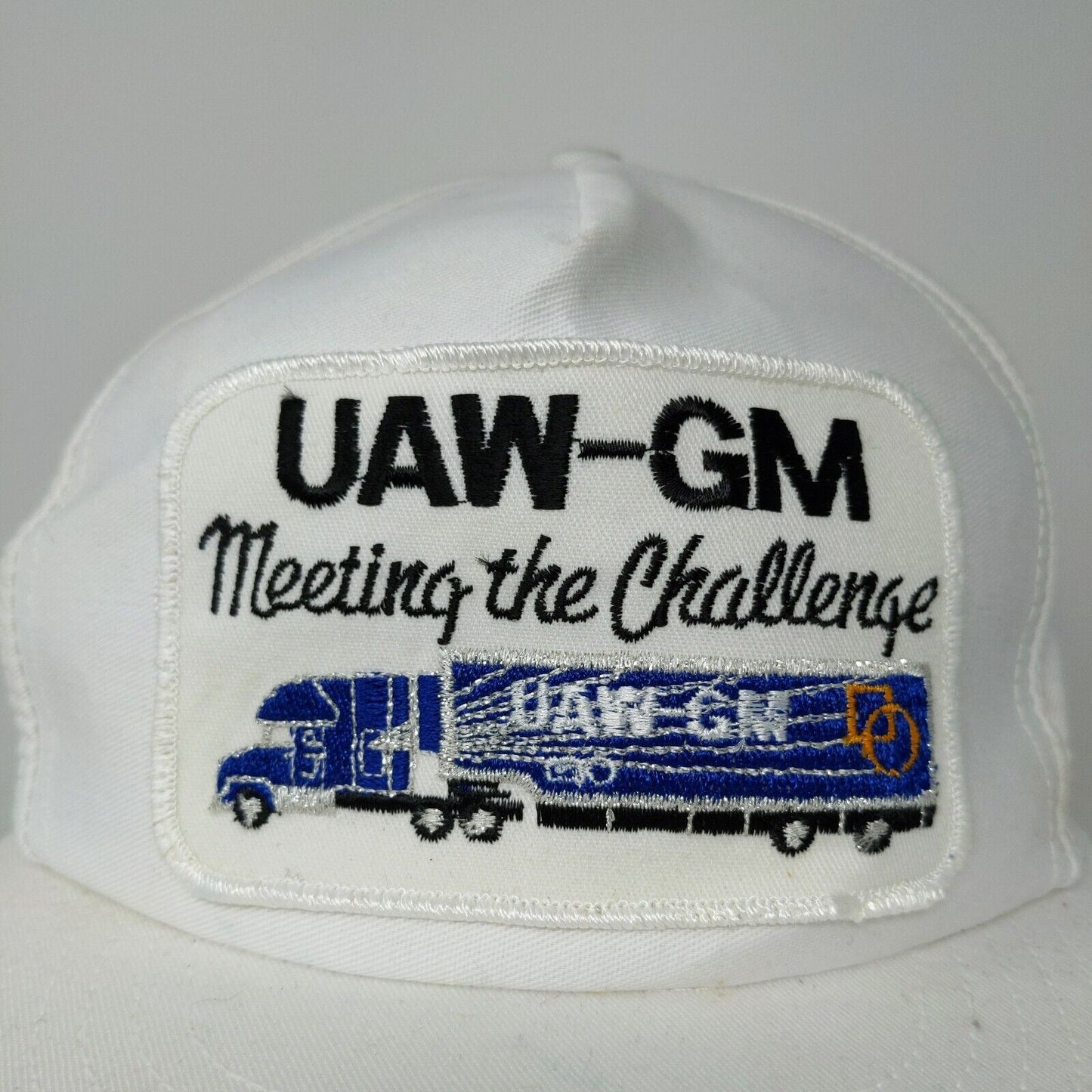 VINTAGE General Motors Hat White Strap Back Cap Trucker Patch Logo UAW GM 80s