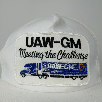 VINTAGE General Motors Hat White Strap Back Cap Trucker Patch Logo UAW GM 80s