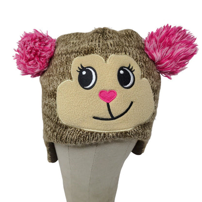 Knitted animal hat with ear flaps. Brown with pink Pom Poms.