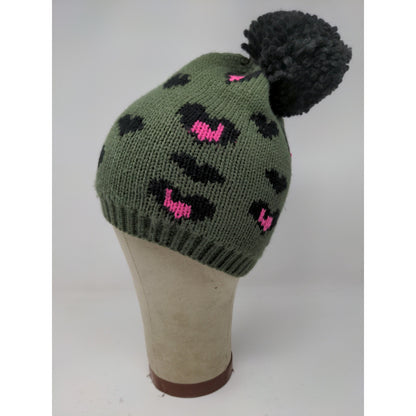 NOBO No Boundaries Beanie Hat Green Hearts Pom Pom One Size Logo