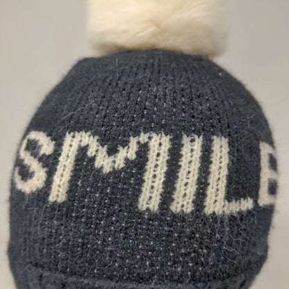 Unbranded Men's Knit Beanie Hat Black Acrylic Pomp Pom Smile Spell Out