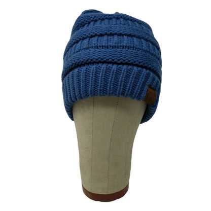 C.C. Exclusives Cable Knit Beanie Hat Blue Patch Logo 100% Acrylic