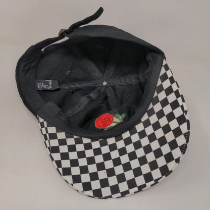 Rue 21 ETC Women's Slideback Hat Black White Check Adjustable Embroidered Rose