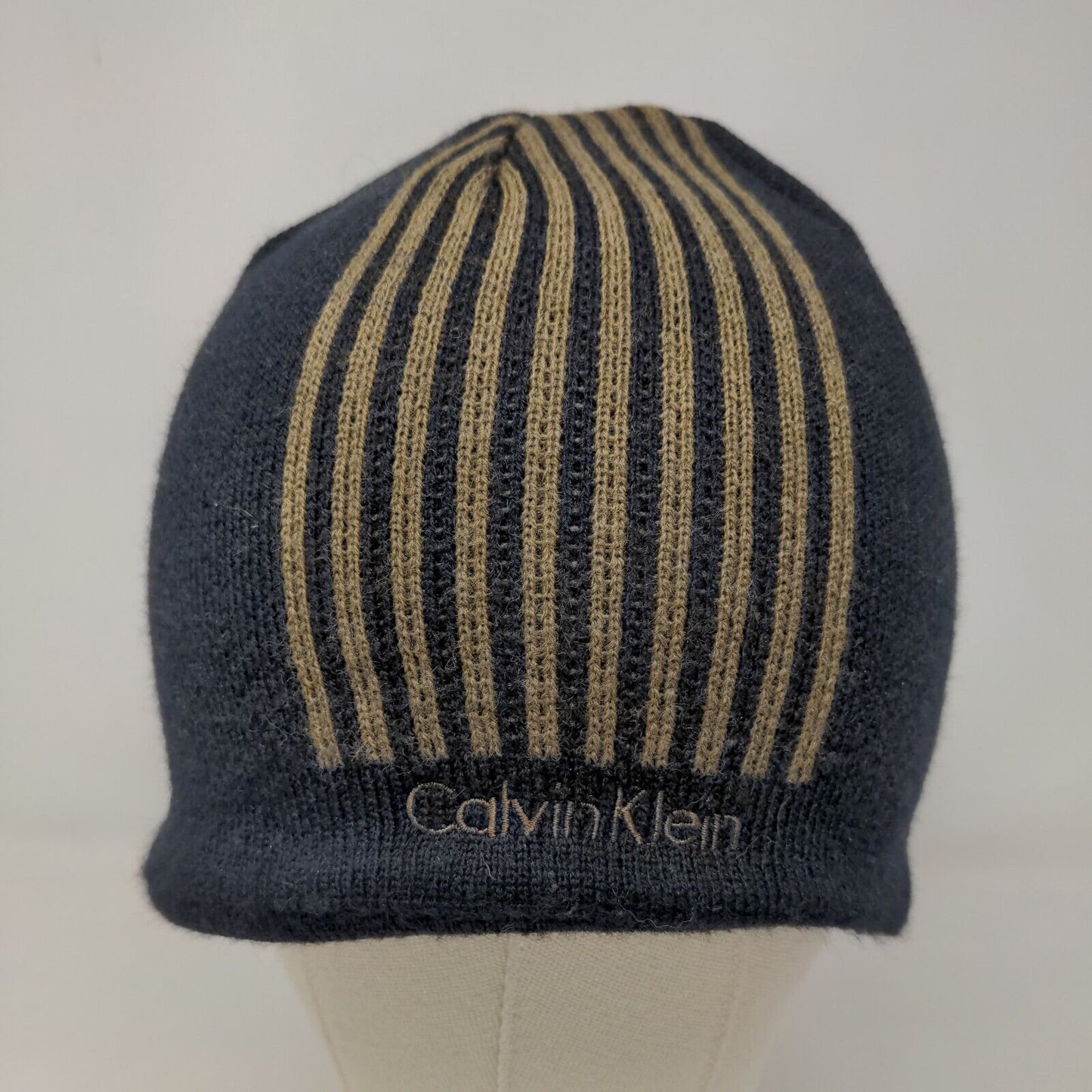 Calvin Klein Men's Beanie Hat Black 100% Acrylic Striped Spell Out