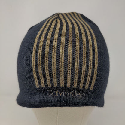 Calvin Klein Men's Beanie Hat Black 100% Acrylic Striped Spell Out