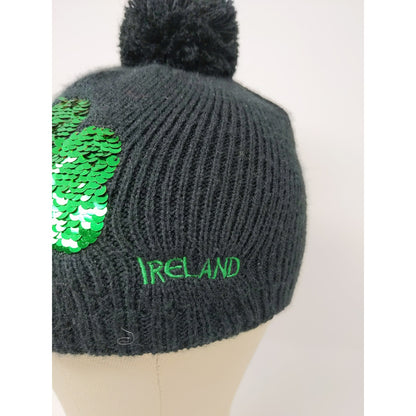 Made With Love Ireland Beanie Hat Green Shiny Pom Pom Black Knit Acrylic